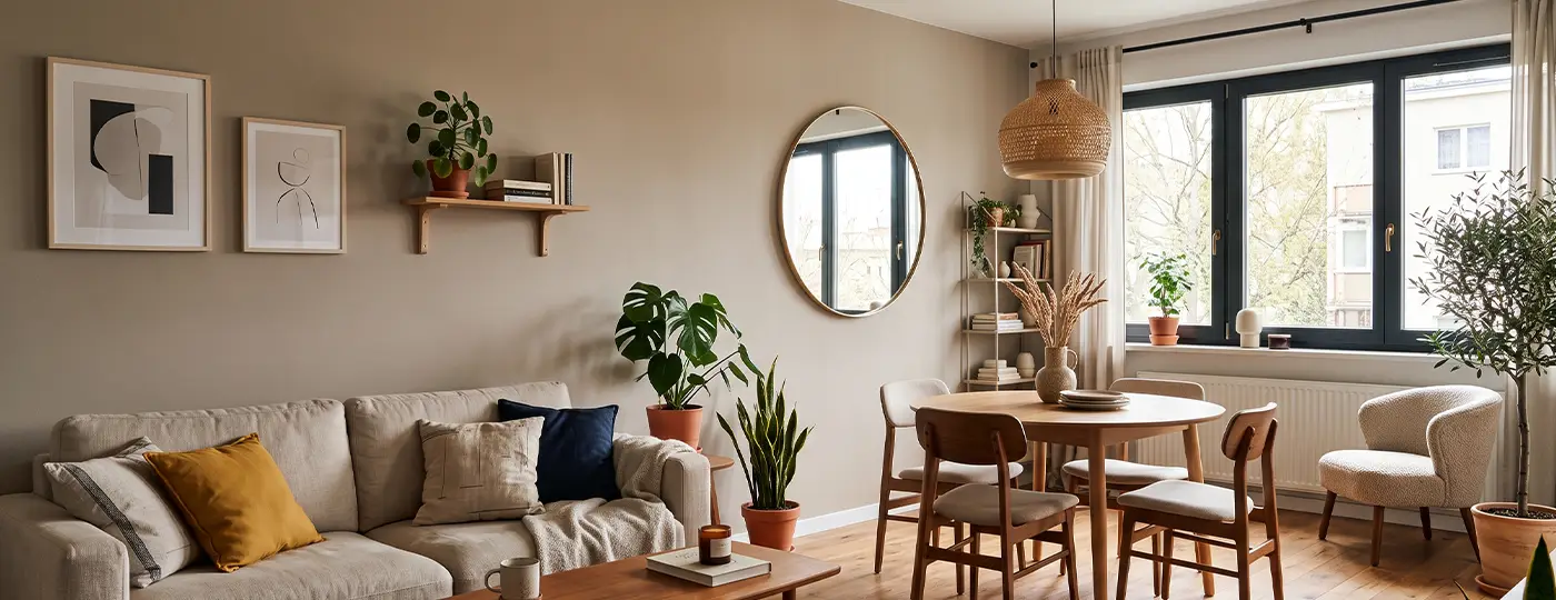 Ein gemütliches Wohnzimmer in Beigetönen mit einem Holztisch und einem hellen Sofa.