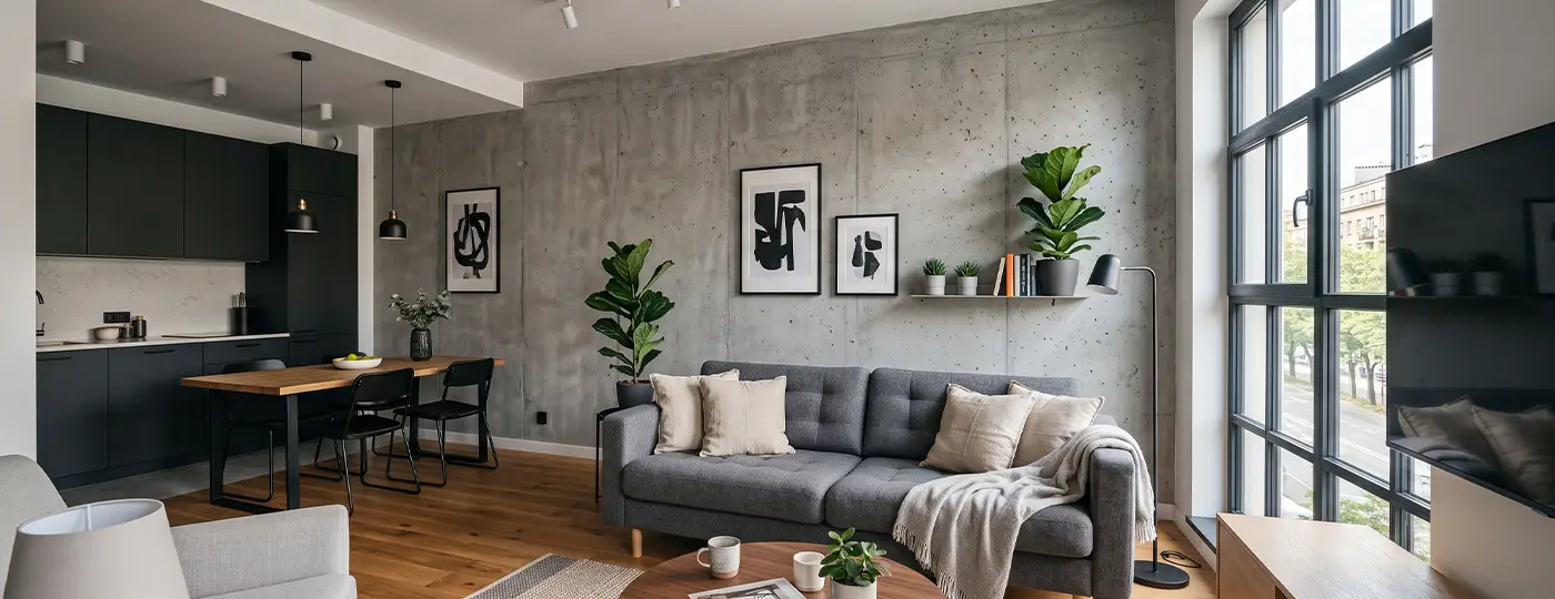 Modernes Wohnzimmer mit Kochnische und einer Akzentwand aus Beton.