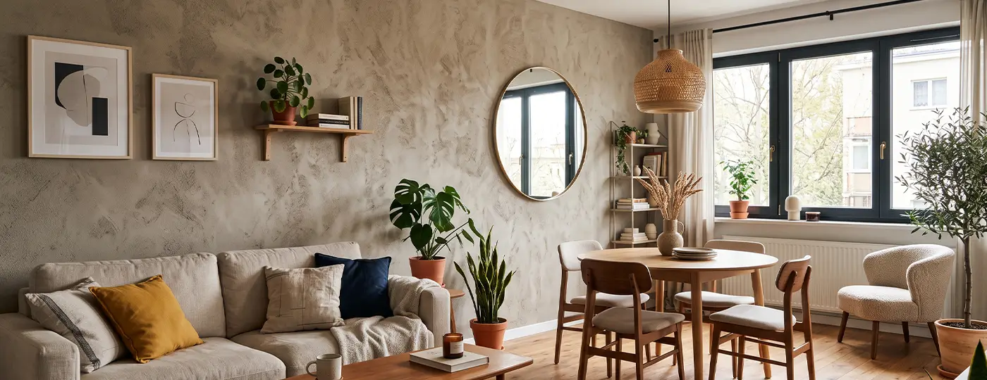 Ein gemütliches Wohnzimmer mit Strukturputz, einem beigen Sofa und einem runden Spiegel.