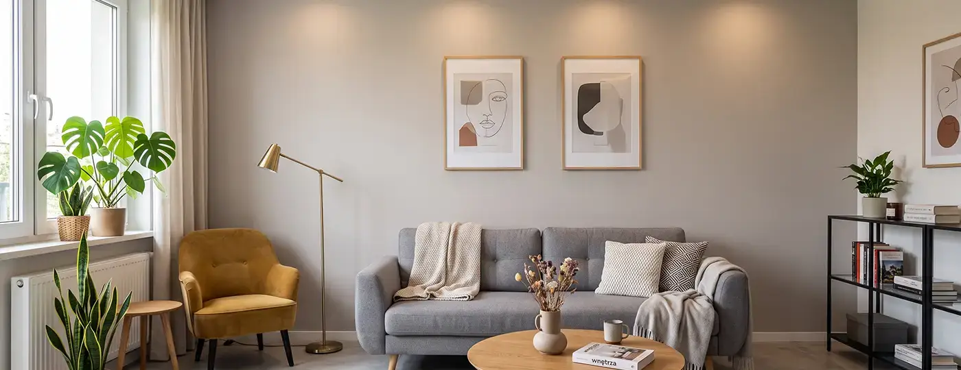 Helles Wohnzimmer mit einem grauen Sofa, einem honigfarbenen Sessel und zwei gerahmten Bildern an der Wand.