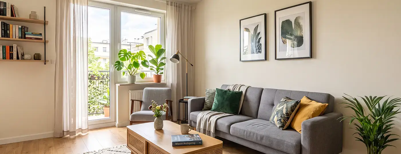 Helles Wohnzimmer mit einem grauen Sofa und Pflanzen