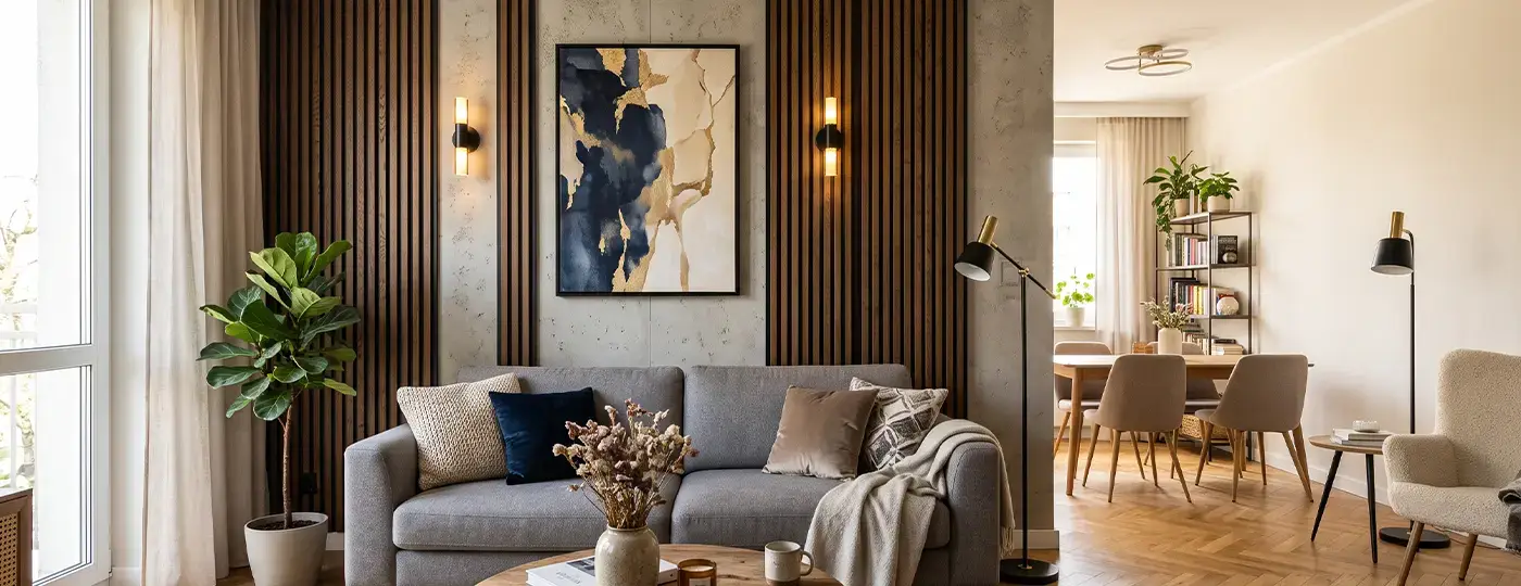 Ein elegantes Wohnzimmer mit Holzlamellen an einer Betonwand, einem abstrakten Gemälde und einem grauen Sofa.