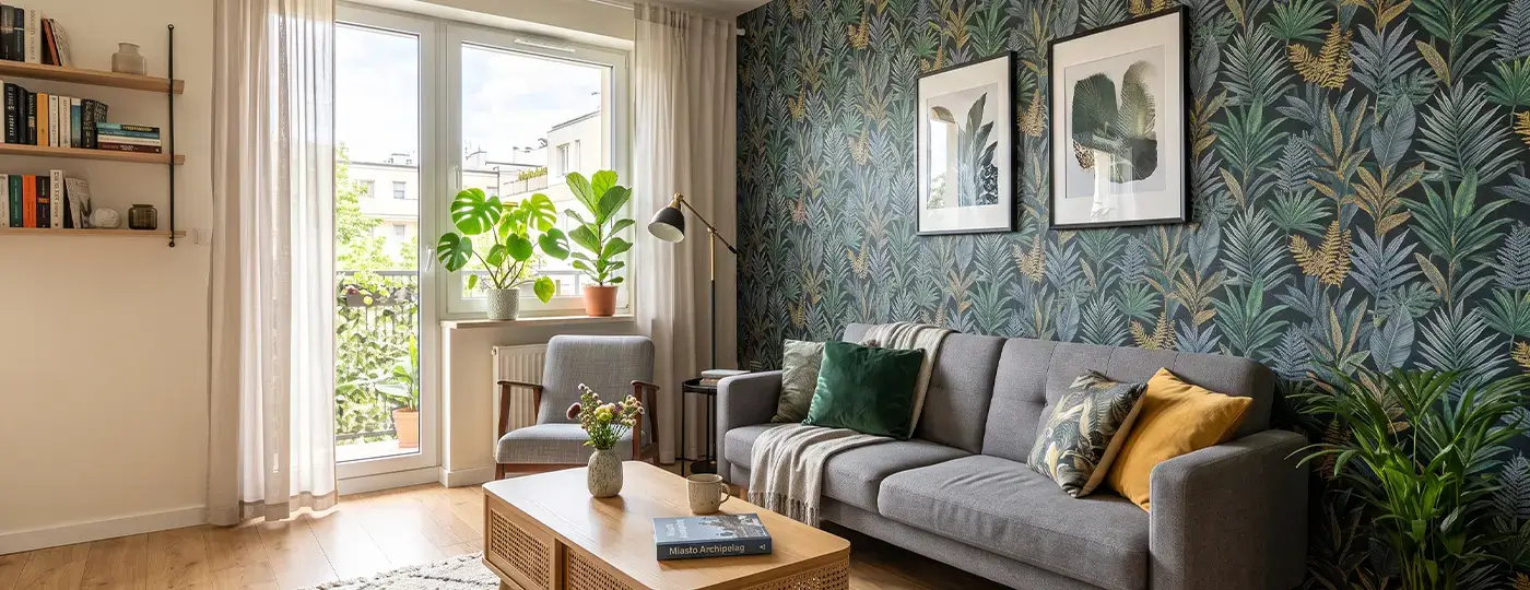 Wohnzimmer mit grün gemusterter Blättertapete und einem grauen Sofa