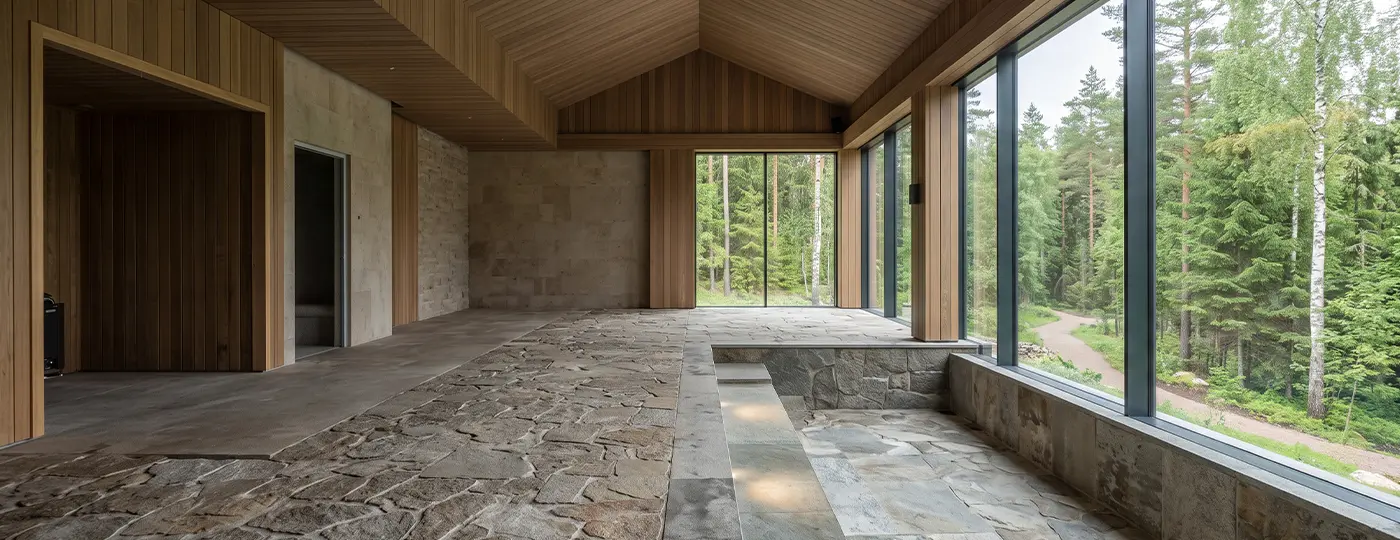 Leerer Wellnessbereich mit Blick auf den Wald.