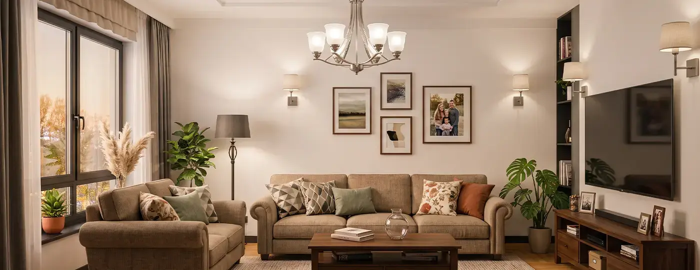 Klassisch eingerichtetes Wohnzimmer in warmen Farbtönen mit beigen Sofas, einem Holztisch und einem Hängeleuchter.