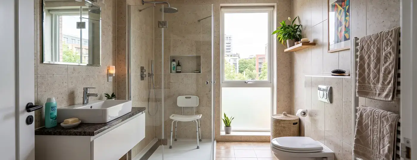 Helles, seniorengerechtes Badezimmer mit bodengleicher Dusche und Duschsitz.