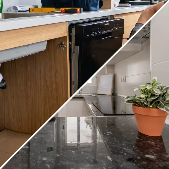 Eine Collage, die den Einbau eines Geschirrspülers unter der Arbeitsplatte sowie eine Nahaufnahme der fertiggestellten, dunklen Steinarbeitsplatte mit einem Blumentopf zeigt.