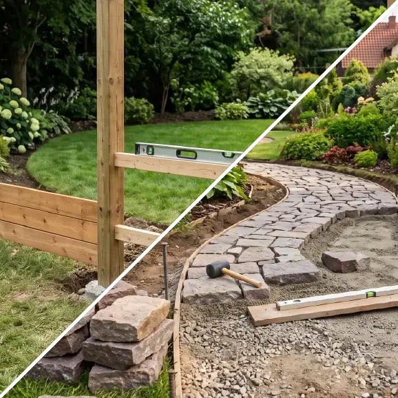 Eine Collage von Gartenarbeiten: Montage eines Zauns und Anlegen eines Steinwegs.