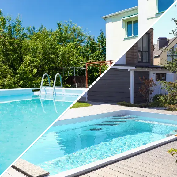 Eine Collage, die Außenpools im Garten in der Umgebung eines modernen Hauses und viel Grün zeigt.