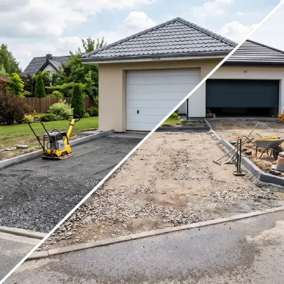 Collage der Bauphasen der Garagenauffahrt.