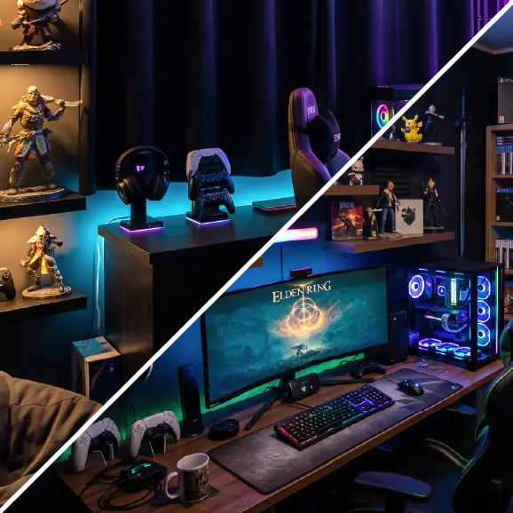 Gaming-Setup mit Figurensammlung und RGB-Beleuchtung