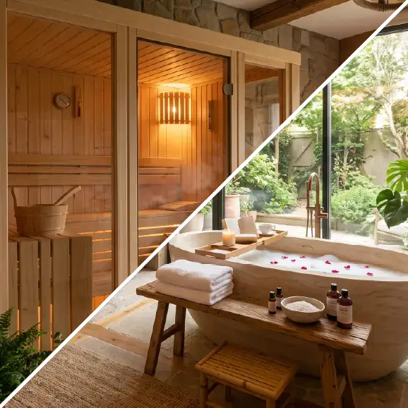 Eine Collage, die eine finnische Holzsauna sowie einen Wellnessbereich mit freistehender Badewanne und Blick in den Garten zeigt.
