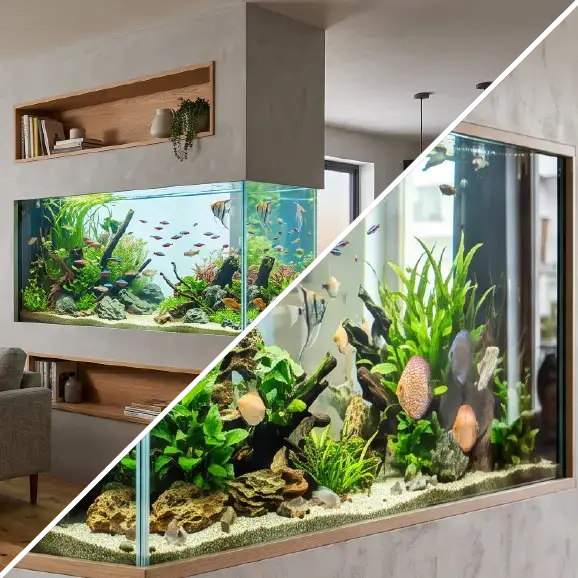 Eine Collage, die zwei Ansichten eines modernen, in die Wohnzimmerwand integrierten Aquariums zeigt.