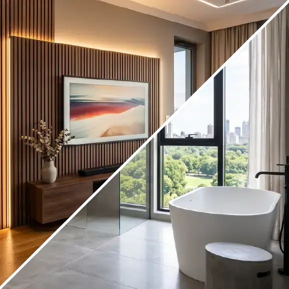 Collage: Wohnzimmer mit Lamellenwand und TV sowie Badezimmer mit freistehender Badewanne.