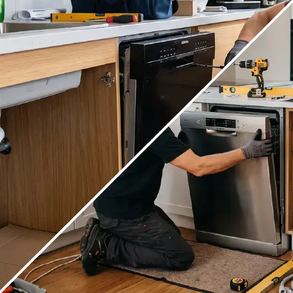 Eine Collage, die den Einbau und das Einschieben des Geschirrspülers unter die Küchenarbeitsplatte zeigt.