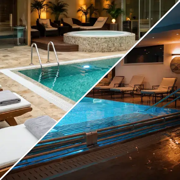 Eine Collage, die den Pool- und Wellnessbereich mit Liegen und Whirlpool zeigt.