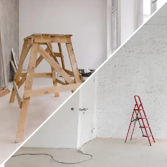 Eine Collage, die die Vorbereitung eines Raums für die Renovierung zeigt, mit einem Holzgerüst und einer roten Leiter.