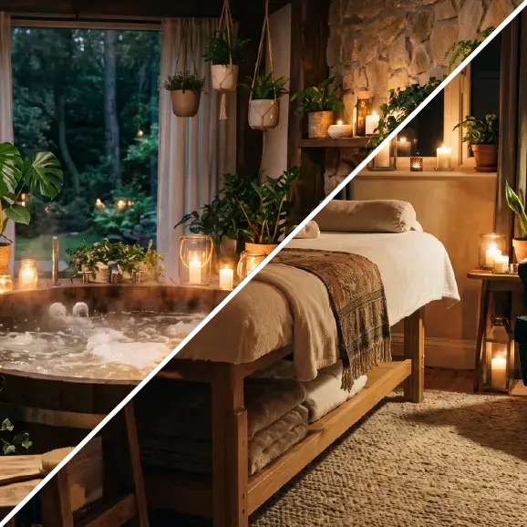 Eine Collage, die den Entspannungsbereich zeigt: einen Whirlpool aus Holz mit Kerzen sowie einen Massageraum.