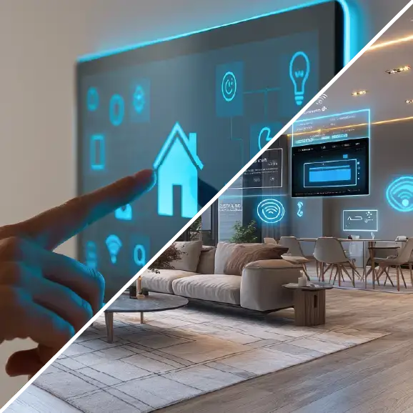 Eine Collage, die ein Smart-Home-Touchpanel und das intelligente Interieur einer Wohnung zeigt.