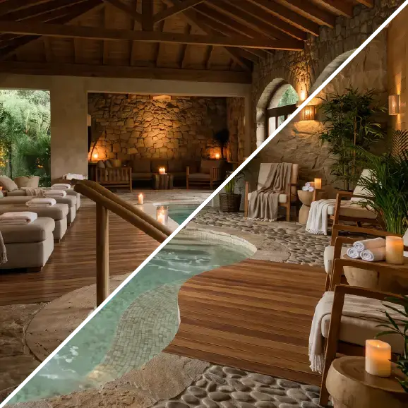 Luxuriöser Spa-Innenbereich mit Steinbecken, Liegen, Kerzen und Holzelementen