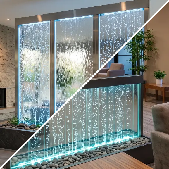 Beleuchtete Wasserwand in einem modern gestalteten Innenraum