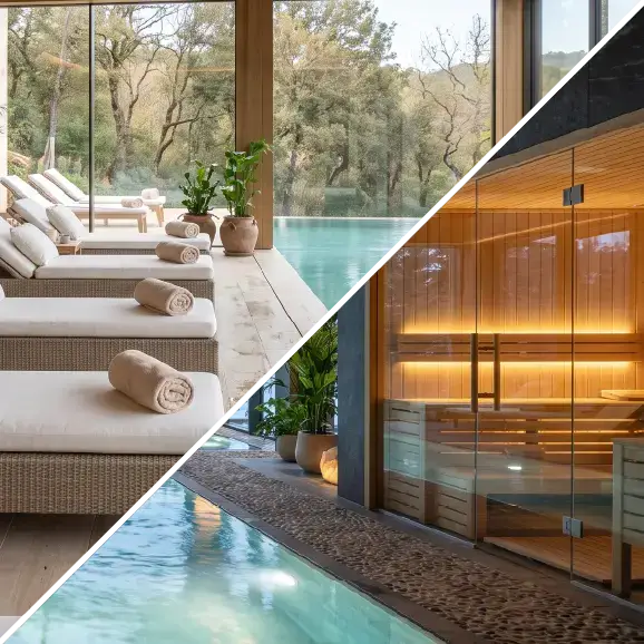 Collage mit Ruhebereich und Sauna.