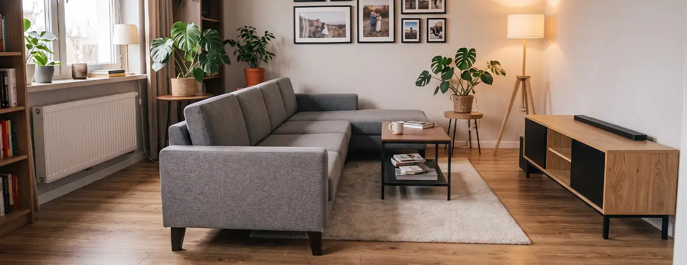 Fertig eingerichtetes Wohnzimmer mit grauem Ecksofa, TV-Möbel aus Holz und Pflanzen.