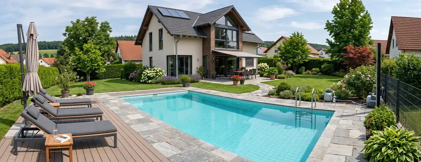 Gartenpool mit Sonnenliegen vor einem modernen Haus