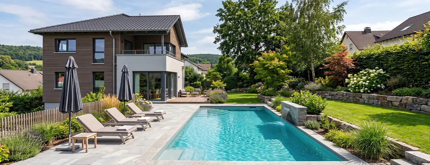 Gartenpool mit Kaskade und Liegestühlen, umgeben von farbenfroher Vegetation am Haus