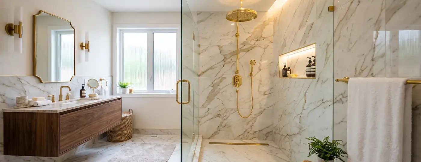Helles Badezimmer mit goldener Duscharmatur.