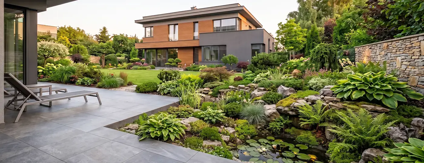 Blick von der modernen Terrasse auf den Garten mit Gartenteich
