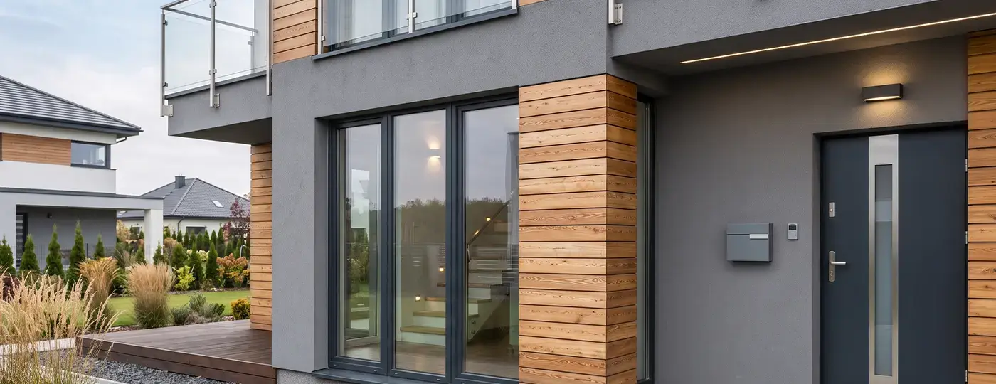 Modernisierung der Gebäudefassade, die grauen Putz, Holzpaneele und Fenster mit großen Glasflächen kombiniert.
