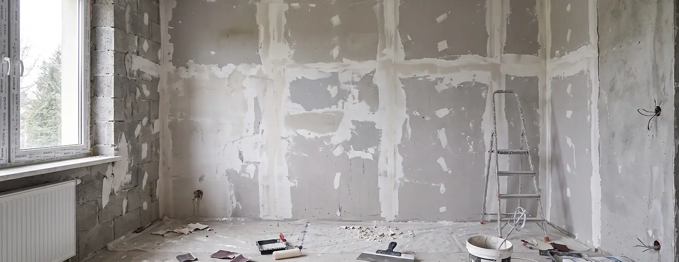 Rohbauwände mit Spachtelmasse, Leiter und Werkzeugen in einem Zimmer im Endausbau.