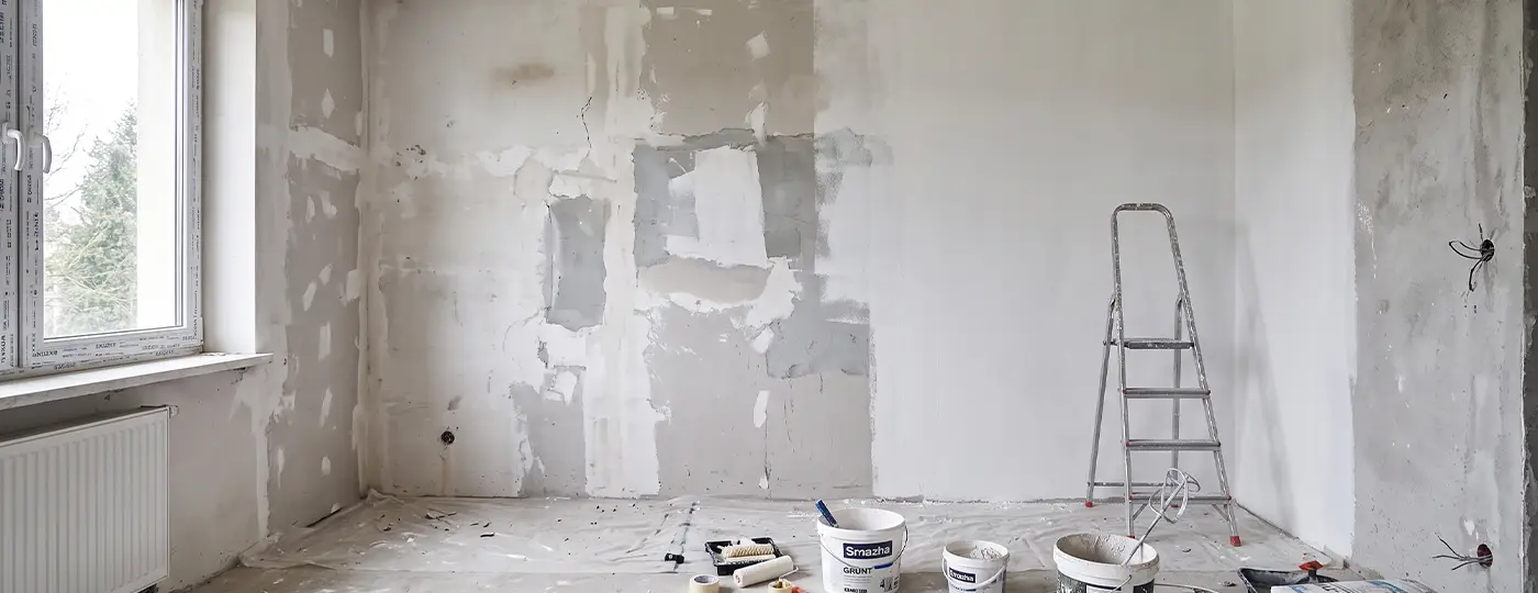 Wände während der Grundierung, Leiter und Eimer auf dem geschützten Boden.