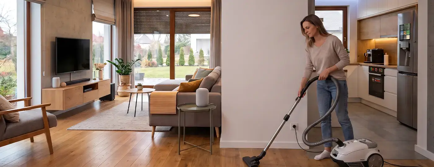 Eine Frau saugt den Boden in einem modernen Wohnzimmer mit offener Küche.