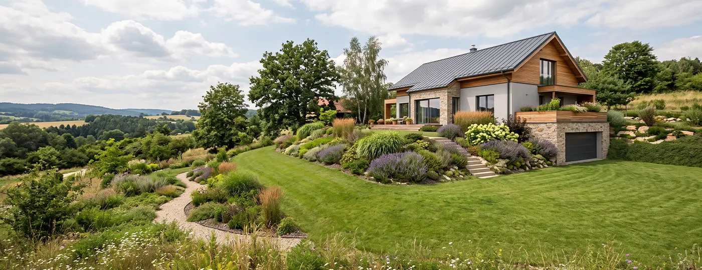 Einfamilienhaus mit Garten auf einer grünen Anhöhe.