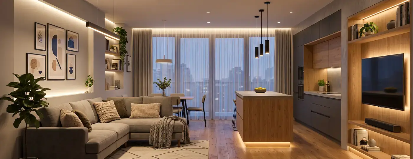 Modernes Wohnzimmer mit Küche und linearer LED-Beleuchtung unter den Möbeln sowie an der Decke.