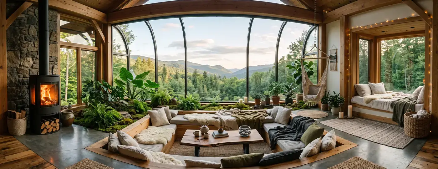 Ein gemütliches Interieur mit Kamin, abgesenktem Sitzbereich und Panoramablick auf den Wald.