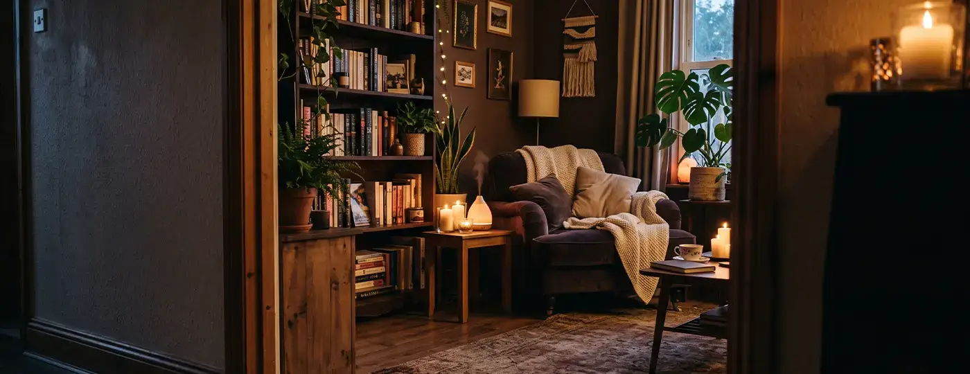 Gemütliche Entspannungsecke mit Sessel, Bücherregal und Kerzen