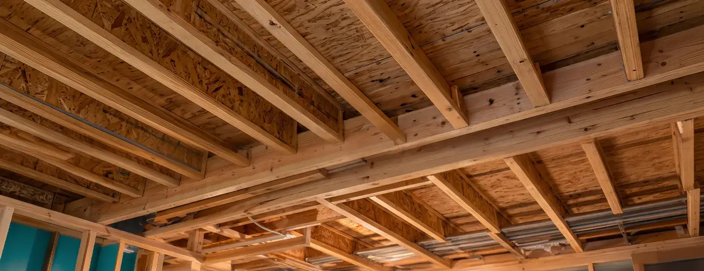 Holzkonstruktion von Decke und Dach im Skelettbau.