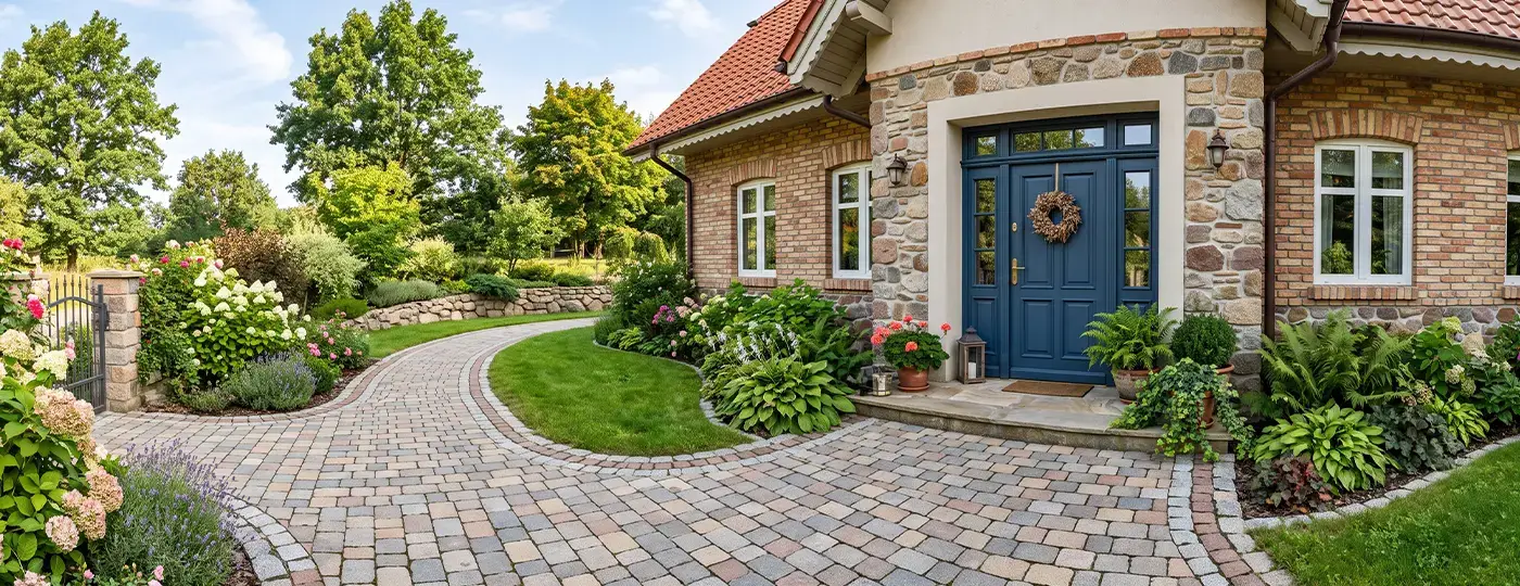 Traditionelles Haus in einem schönen Garten. Vor dem Haus ist eine gepflasterte Auffahrt zu sehen.