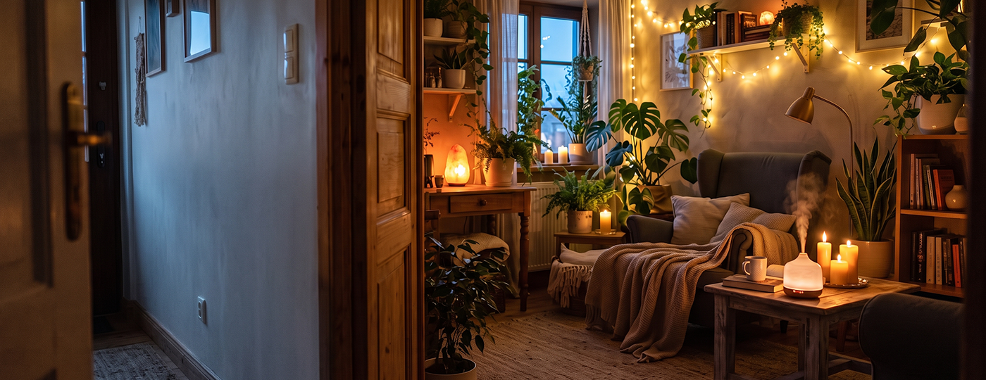 Ein einladender, stimmungsvoller Entspannungsraum mit Ohrensessel, Pflanzen und warmer Beleuchtung.
