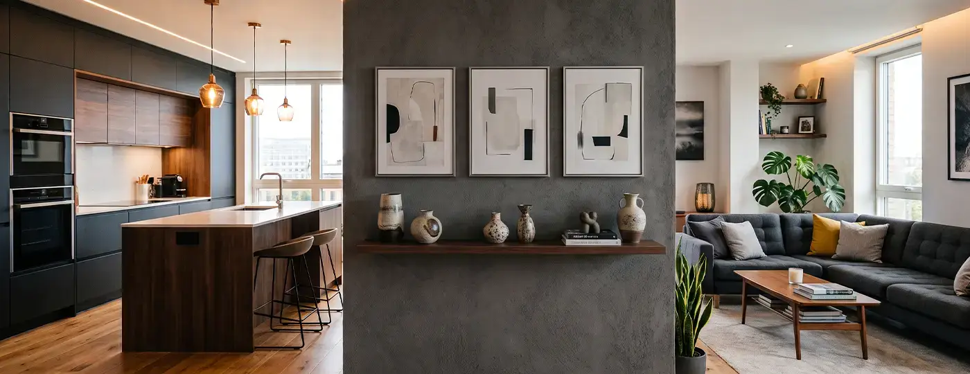 Graphitfarbene Wand mit Grafiken und Regal, die die moderne Küche vom Wohnzimmer trennt.