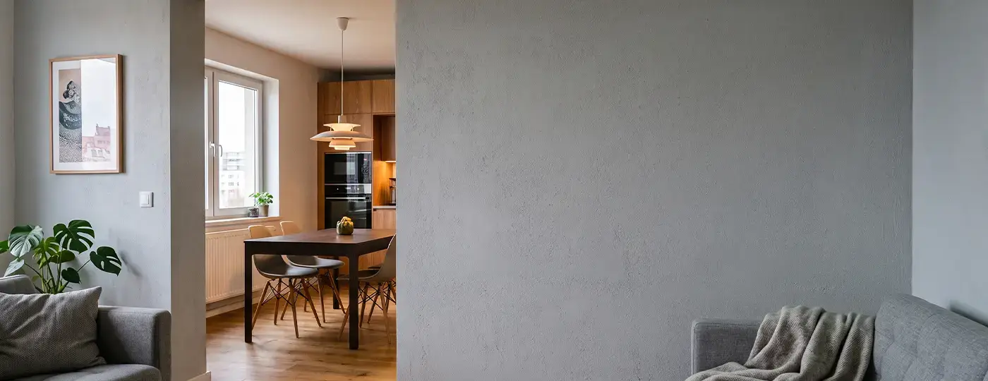 Graue Trennwand in einer modernen Wohnung, die das Wohnzimmer vom Essbereich trennt.