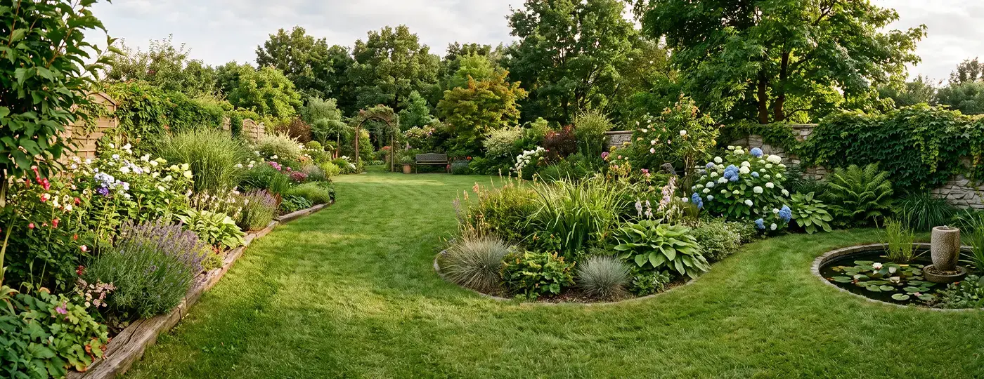 Großer, gepflegter Garten mit Rasenfläche, Blumenbeeten und einem kleinen Gartenteich.
