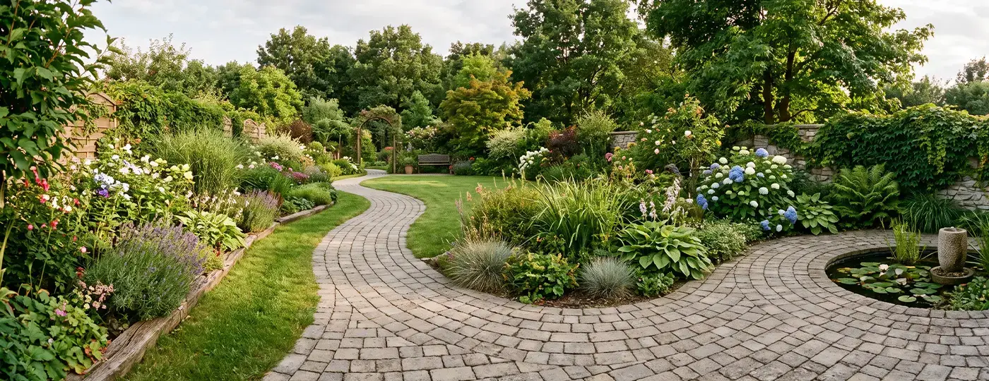 Ein geschlängelter Gartenpfad zwischen den Blumenbeeten.