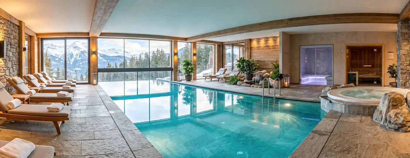 Luxuriöser Wellnessbereich mit Innenpool, Whirlpool, Saunen und Blick auf die verschneiten Berge