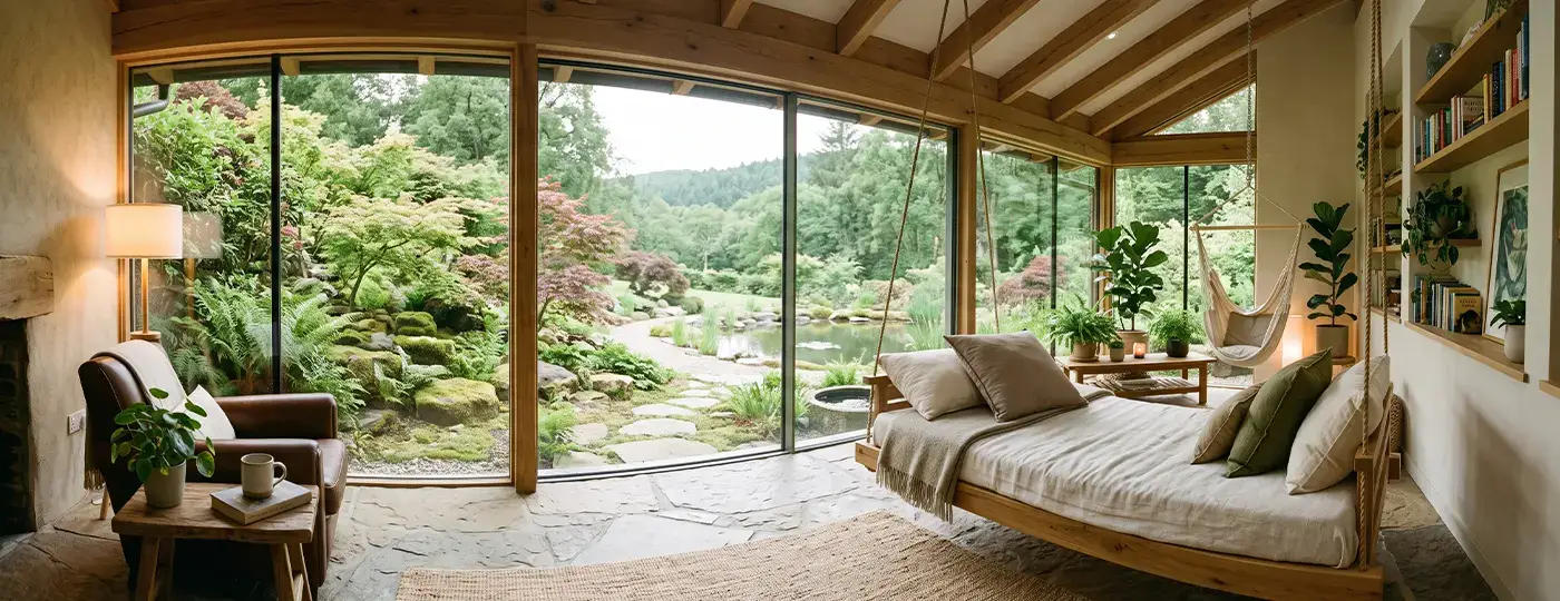 Innenansicht eines Wohnzimmers aus Holz mit Panoramafenster zum Garten.