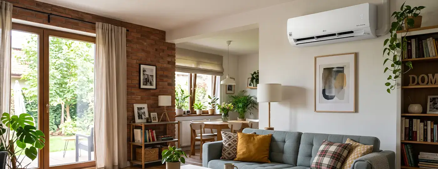 Modernes Wandklimagerät, installiert in einem hellen Wohnzimmer mit Backsteinwand und Zugang zum Garten.