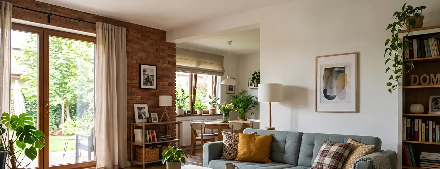 Gemütliches Wohnzimmer mit Backsteinwand, grauem Sofa und Blick in den Garten.